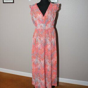 Betsey Johnson Womens Dreamscape Print Flutter Sleeve Maxi Dress Coral Size L